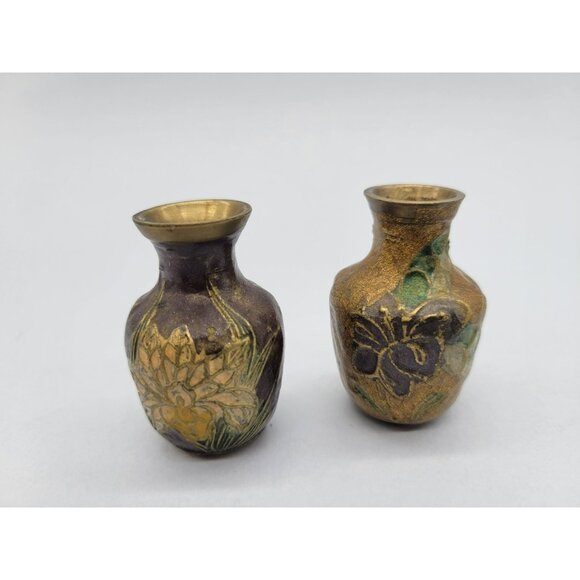 Pair Brass Enamel Floral Cloisonne Vases Miniature 2 inches - Picture 12 of 12